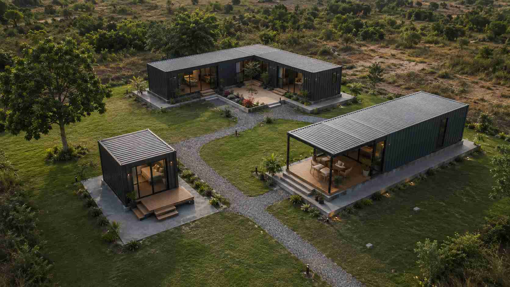 Aerial comparison of luxury container house configurations — single 20 ft, single 40 ft, and joined multi-unit villa on the same plot