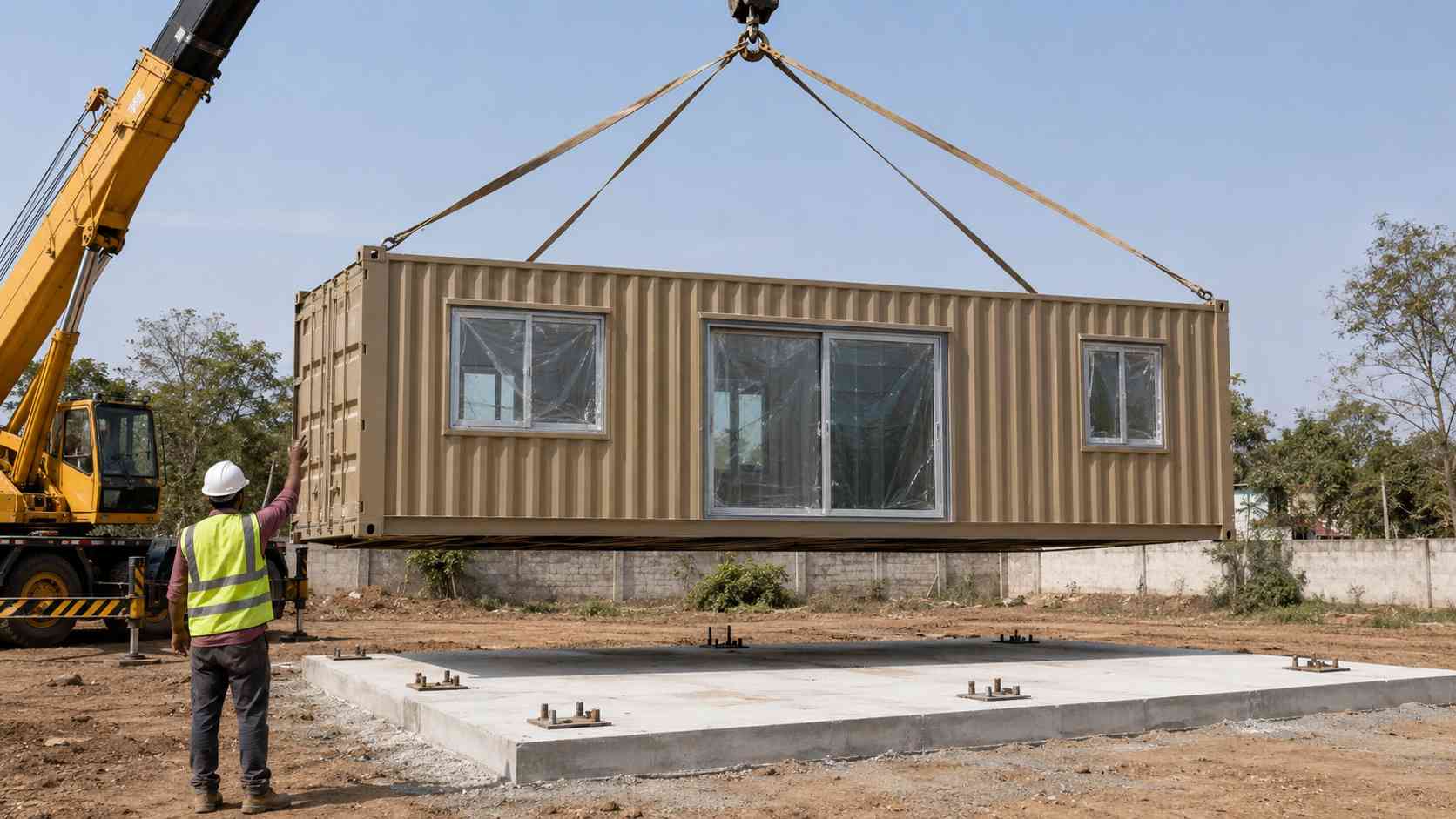 Factory-finished luxury container house being crane-lowered onto a prepared concrete plinth at an Indian residential site