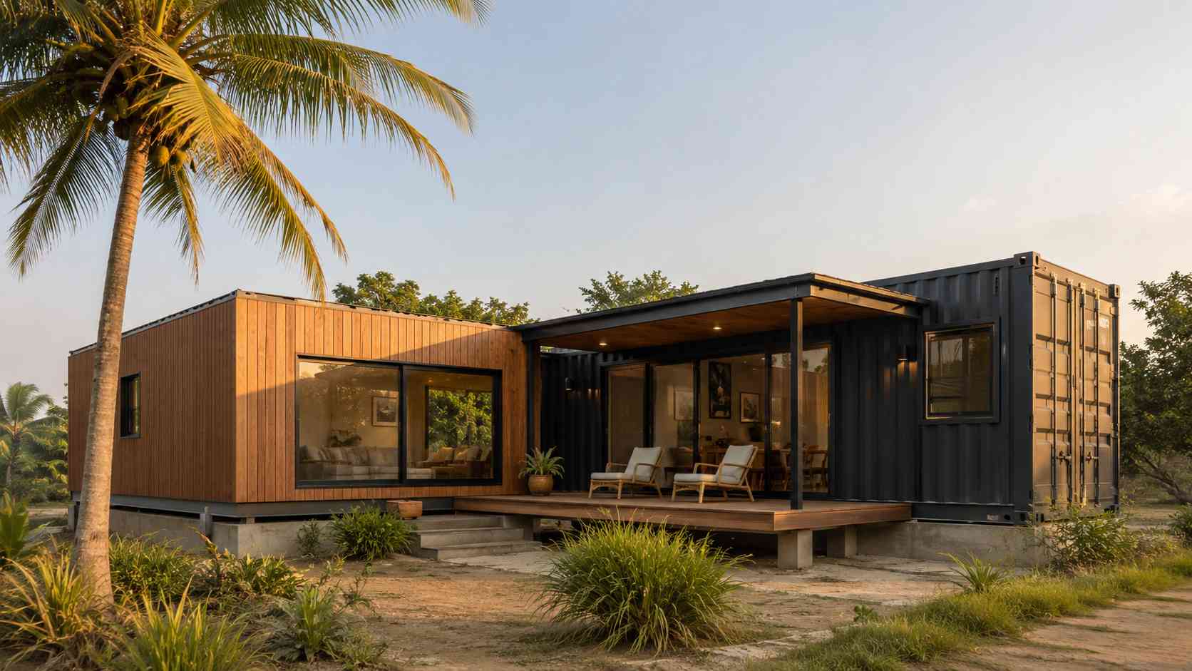 Luxury container villa exterior with two 40 ft units joined in an L configuration, covered veranda, and designer mixed-cladding finish