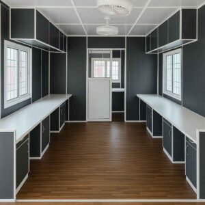 Luxury porta cabin interior with dark finish and desks
