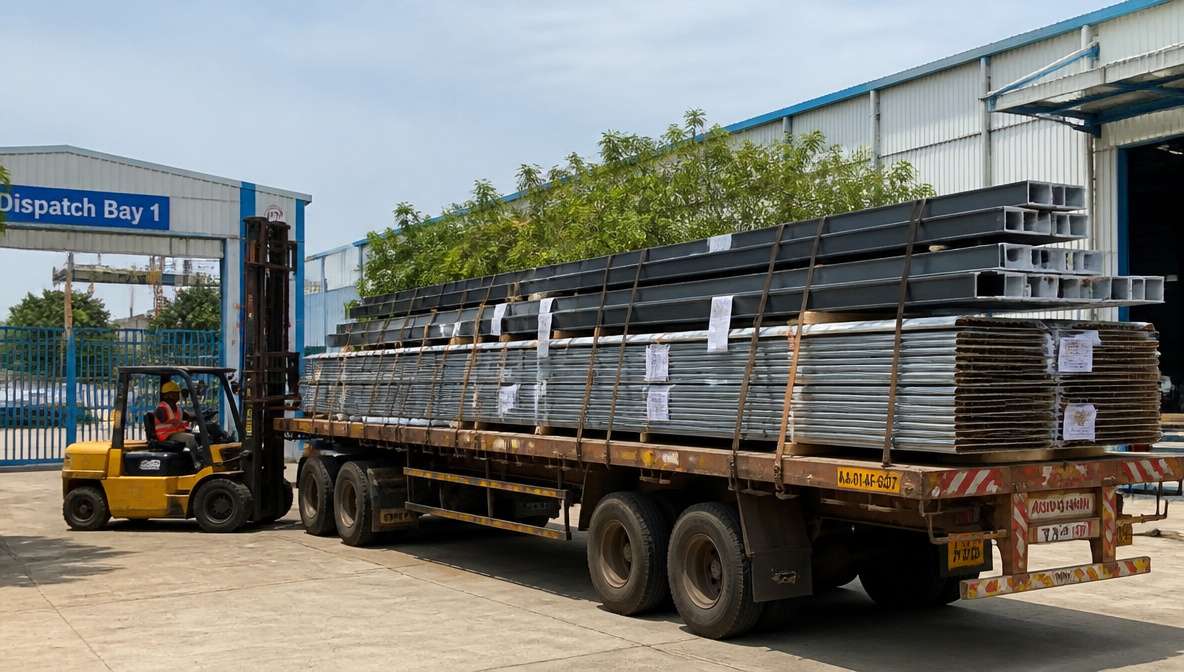 Pre-engineered metal building kit strapped and loaded on a flatbed trailer for Pan-India dispatch