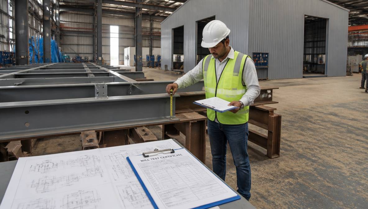 Quality check of a metal building steel frame with mill test certificate and structural drawings