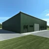 Steel-grey metal building side view showing gable roof, roller shutter and personnel door