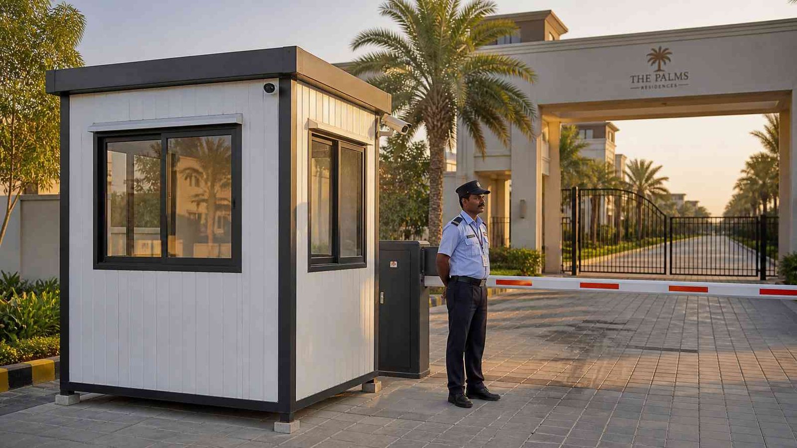 MS corrugated steel security cabin at residential gate with guard and boom barrier