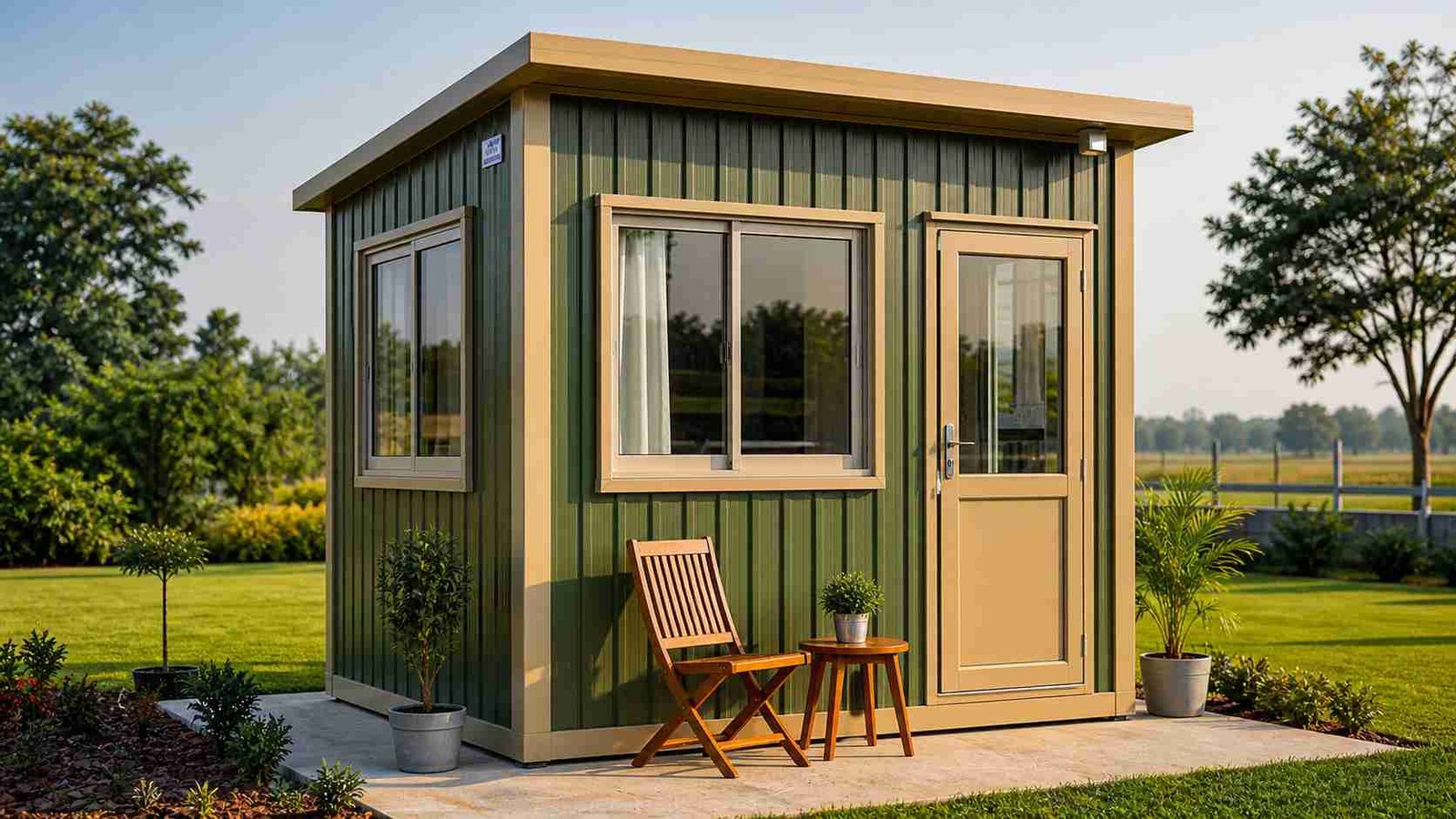 6x8 ft mini porta cabin interior use example with desk and seating in outdoor setup