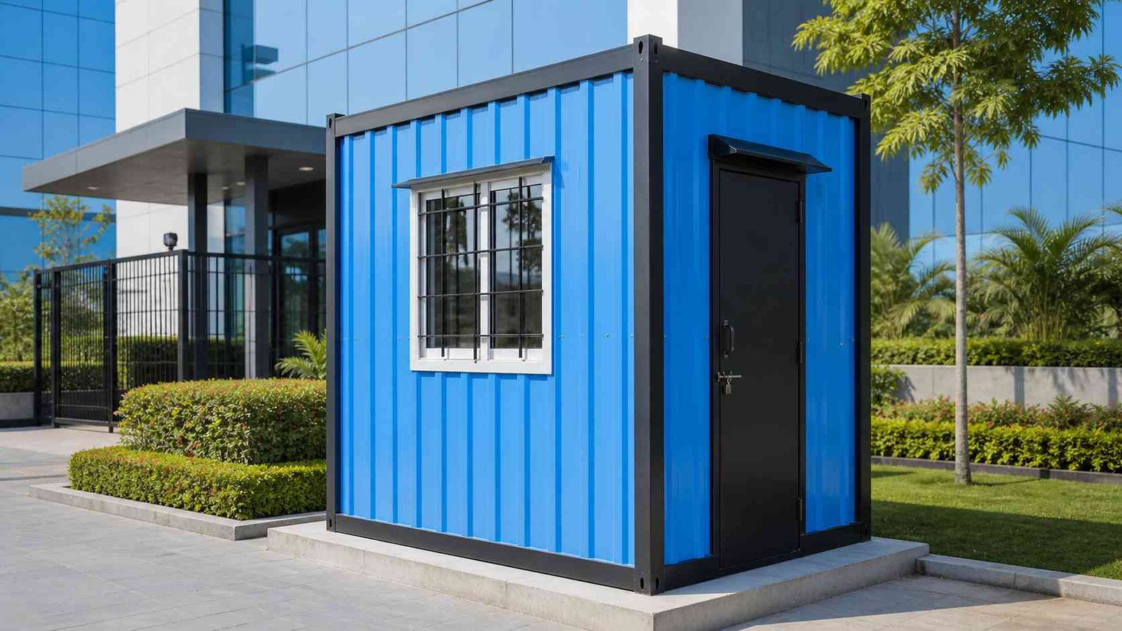 mini porta cabin installed on concrete base at commercial building entrance