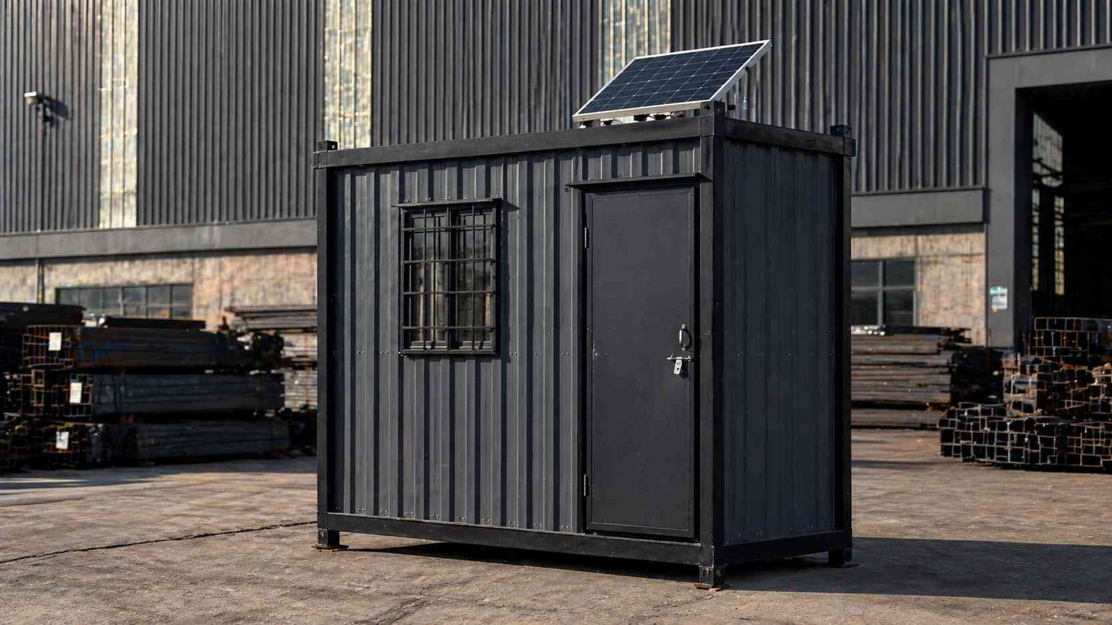 mini porta cabin industrial setup with solar panel and MS corrugated steel structure