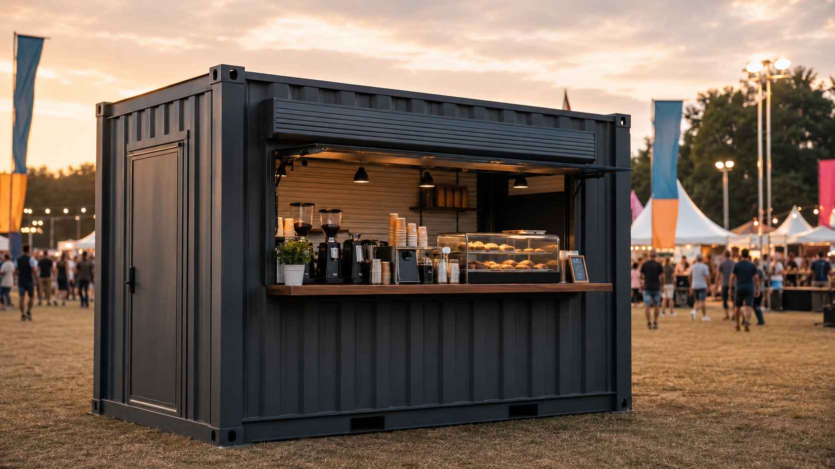 SAMAN mobile cafe deployed at a festival ground in evening light, with the service window open — the events-circuit scenario described in the long description.