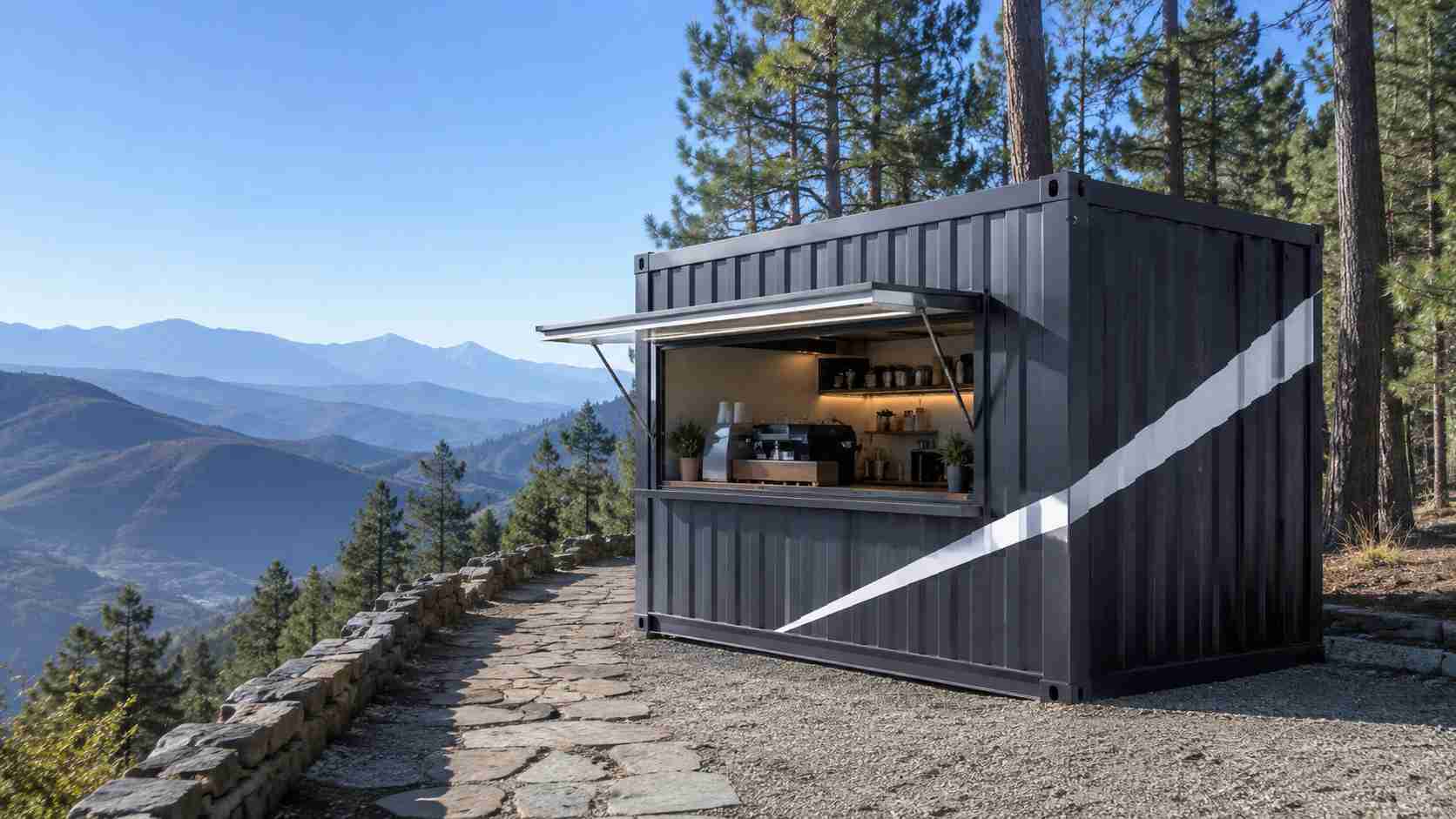SAMAN mobile cafe deployed at a hill-station location with pine forest and distant hills in the background — the seasonal-town circuit scenario.