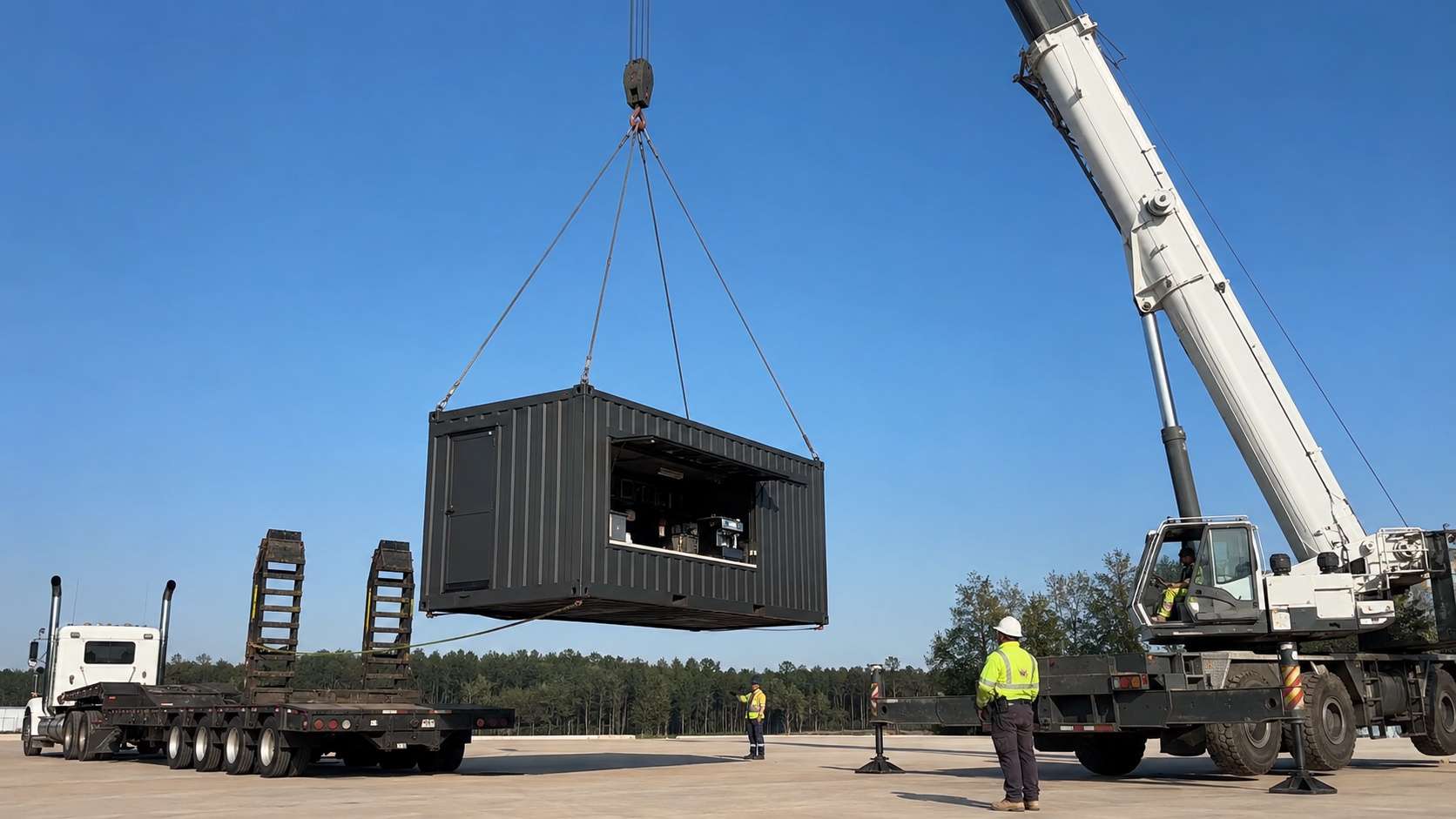 A SAMAN mobile cafe being lifted by a hydraulic crane with slings to the four corner lift points onto a low-bed flatbed trailer — the standard redeployment lift sequence.