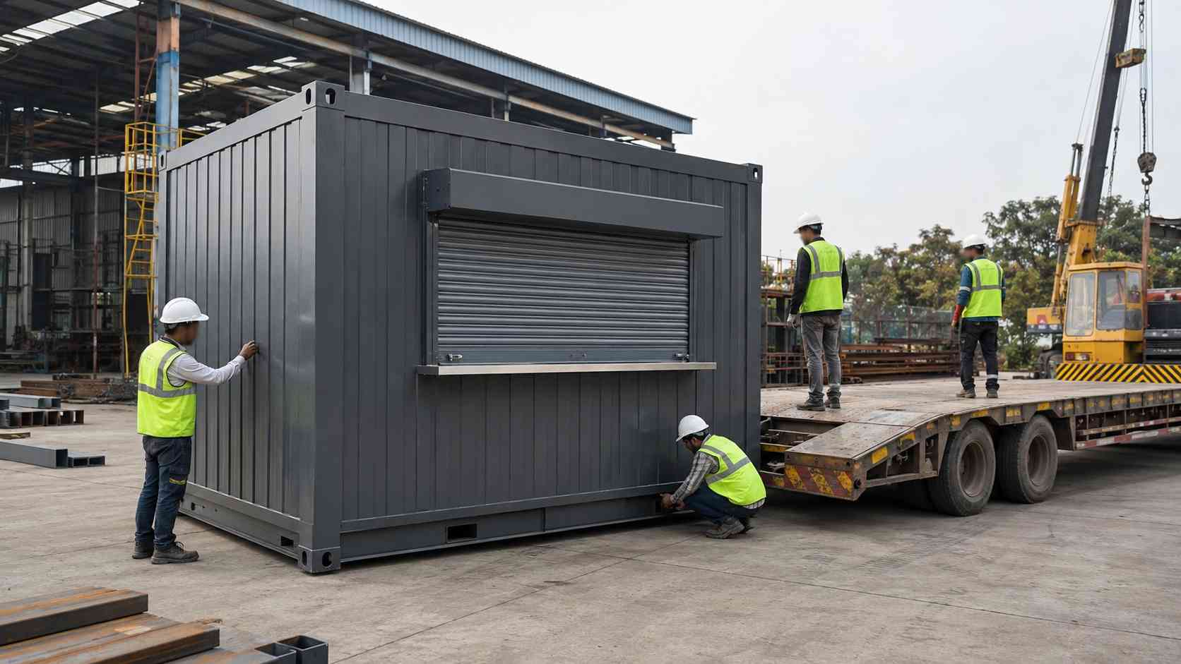 SAMAN mobile cafe in transit on a low-bed trailer along an Indian highway — pan-India delivery from the Bangalore or Greater Noida plant to an operator's first circuit stop.