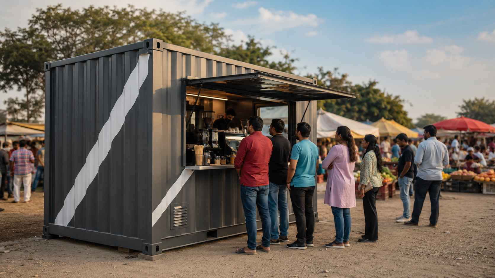 SAMAN mobile cafe deployed at an Indian weekend market with the customer service window open and a small queue at the counter — the weekend-market circuit scenario.