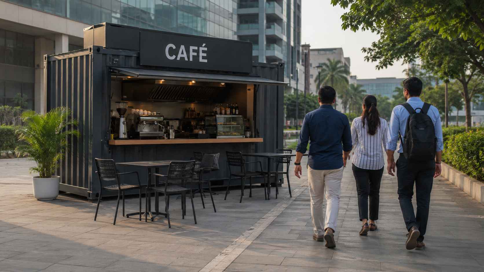 A SAMAN mobile container cafe operating in an Indian commercial corridor — open service window, outdoor seating, customers