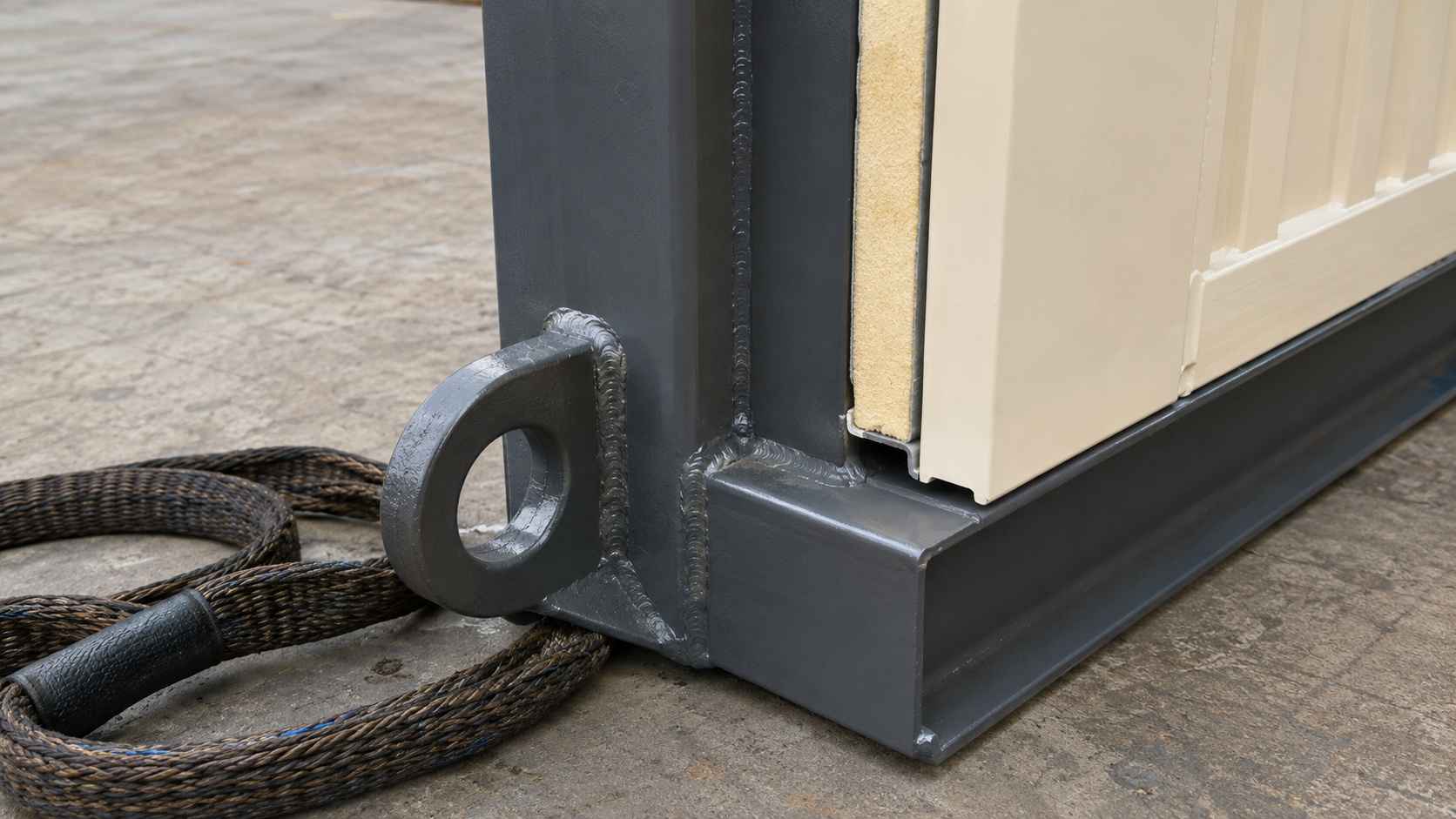 Close-up of a corner lift point on a SAMAN mobile container cafe — welded steel lift eye on the IS 2062 Grade A frame base