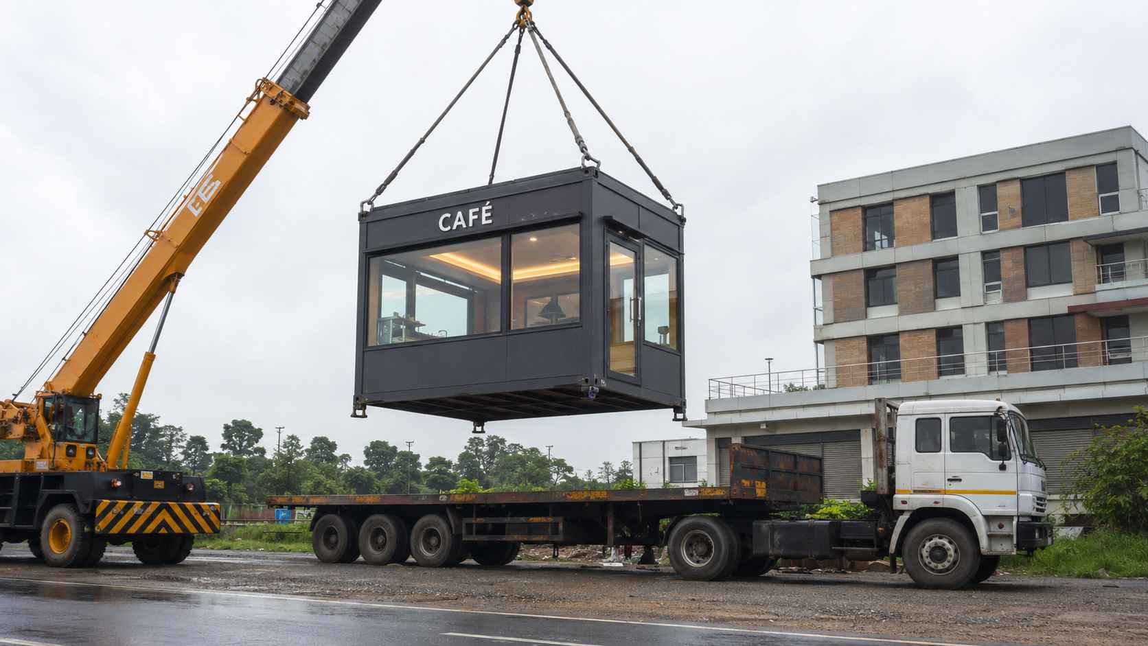 Hydraulic crane lifting a SAMAN mobile container cafe by corner lift points onto a flatbed truck for site-to-site relocation