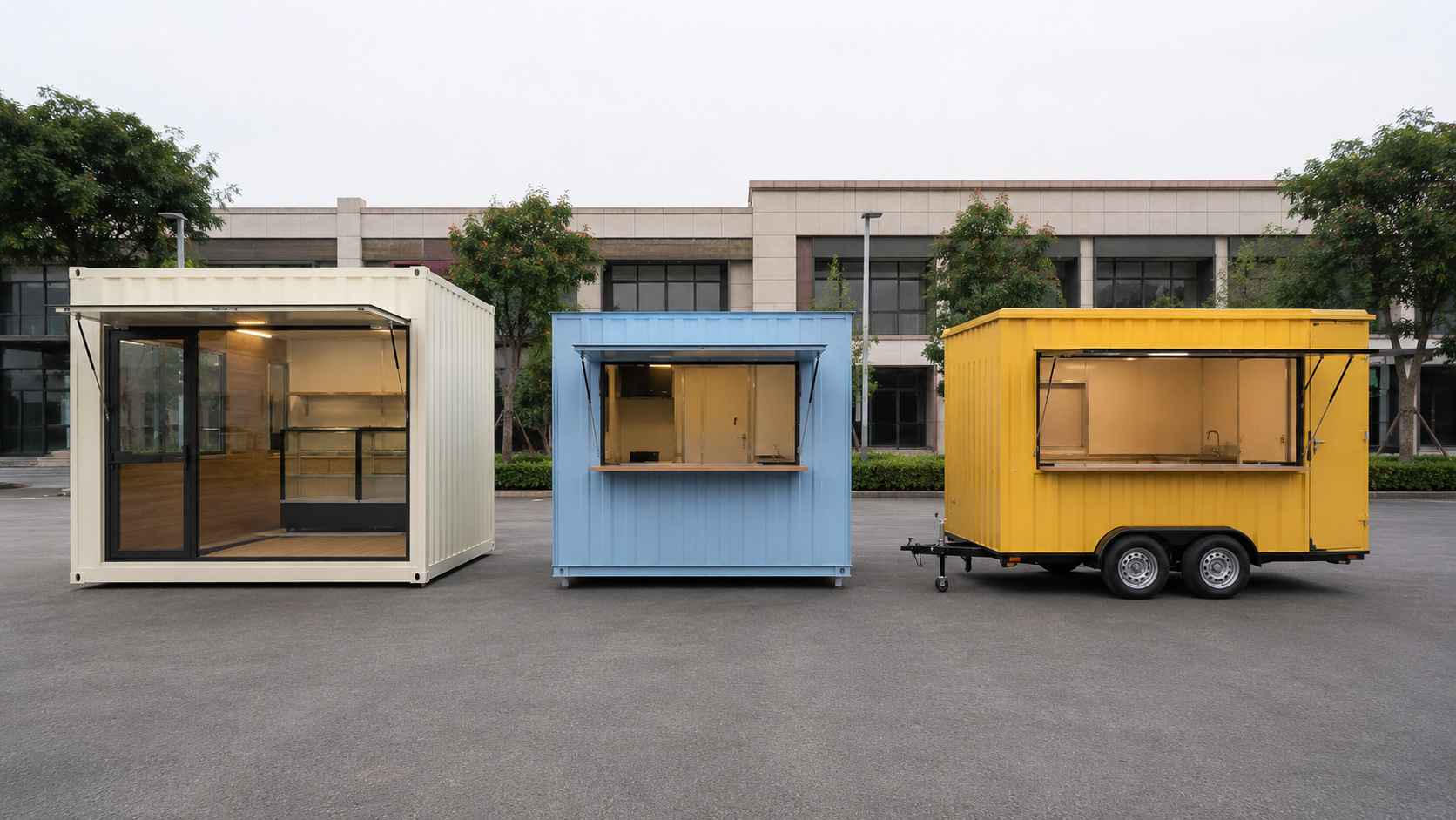 Three mobile cafe formats side-by-side — mobile container cafe, compact mobile cafe, and trailer-mounted food truck container
