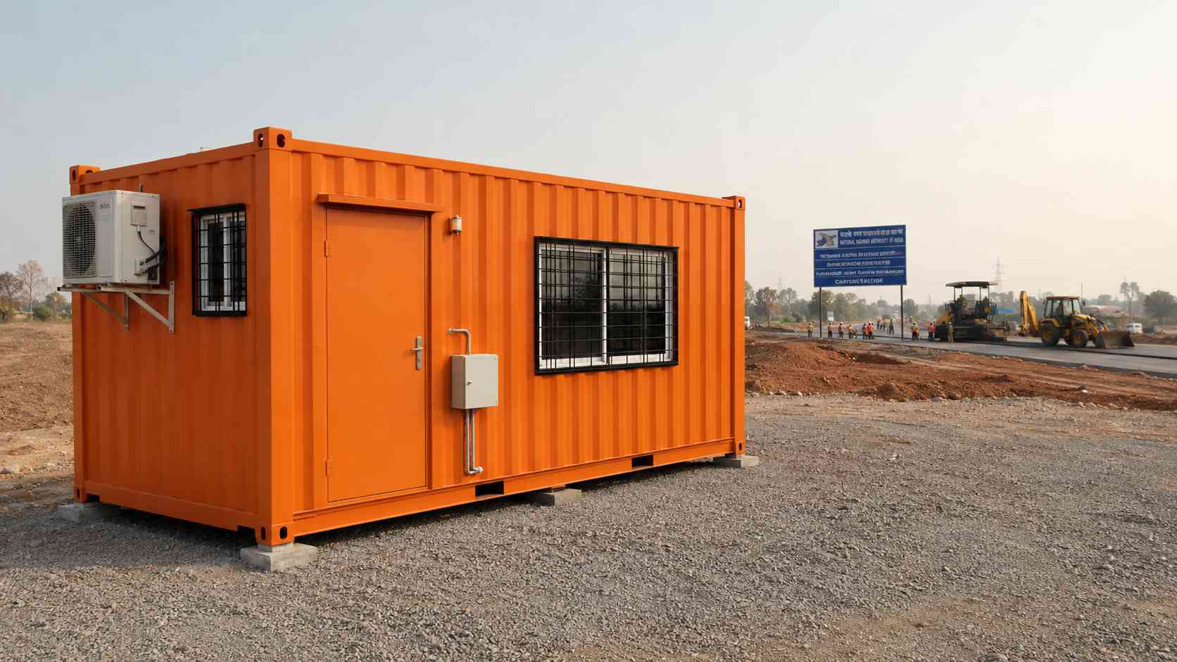 SAMAN mobile container office positioned behind an active Indian highway alignment construction work front.