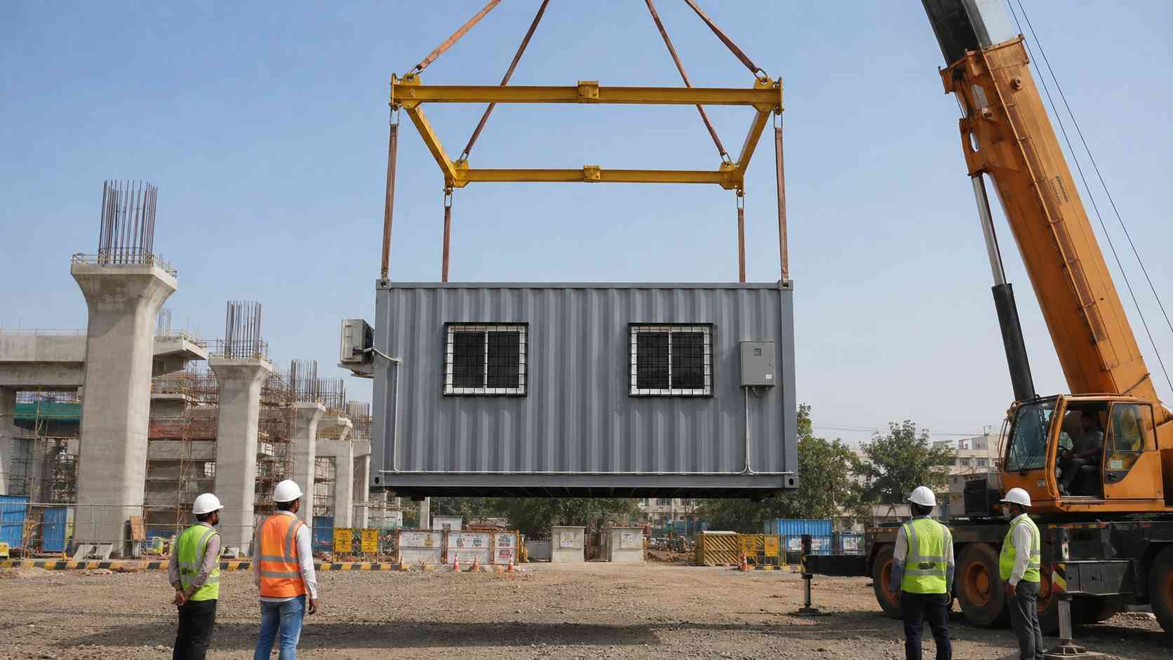 Steel grey SAMAN mobile container office being crane-lifted with spreader bar at an Indian metro construction site.