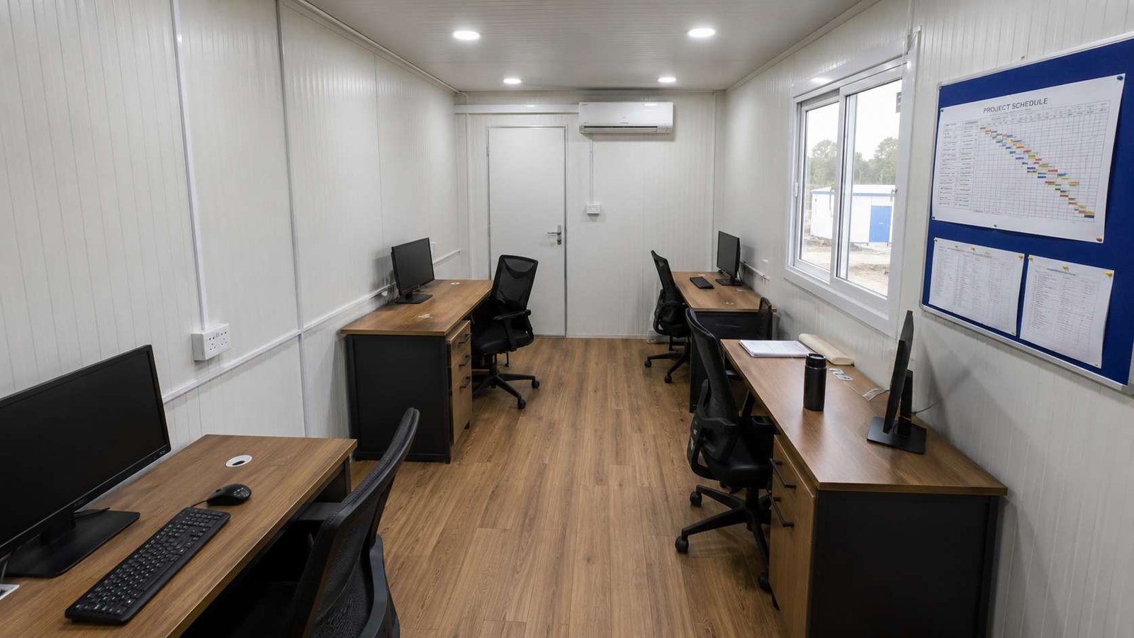 Mobile office container interior with workstations