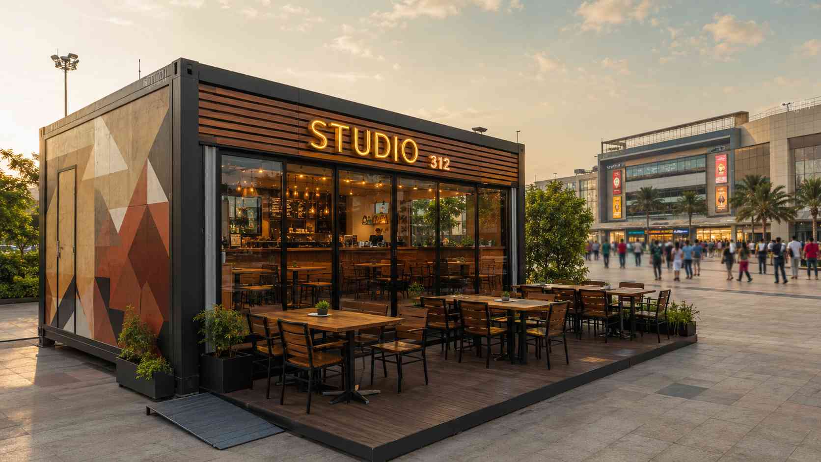 22×12 mobile restaurant container at a mall forecourt with customised vinyl-wrap exterior — outdoor terrace seating ready for trade