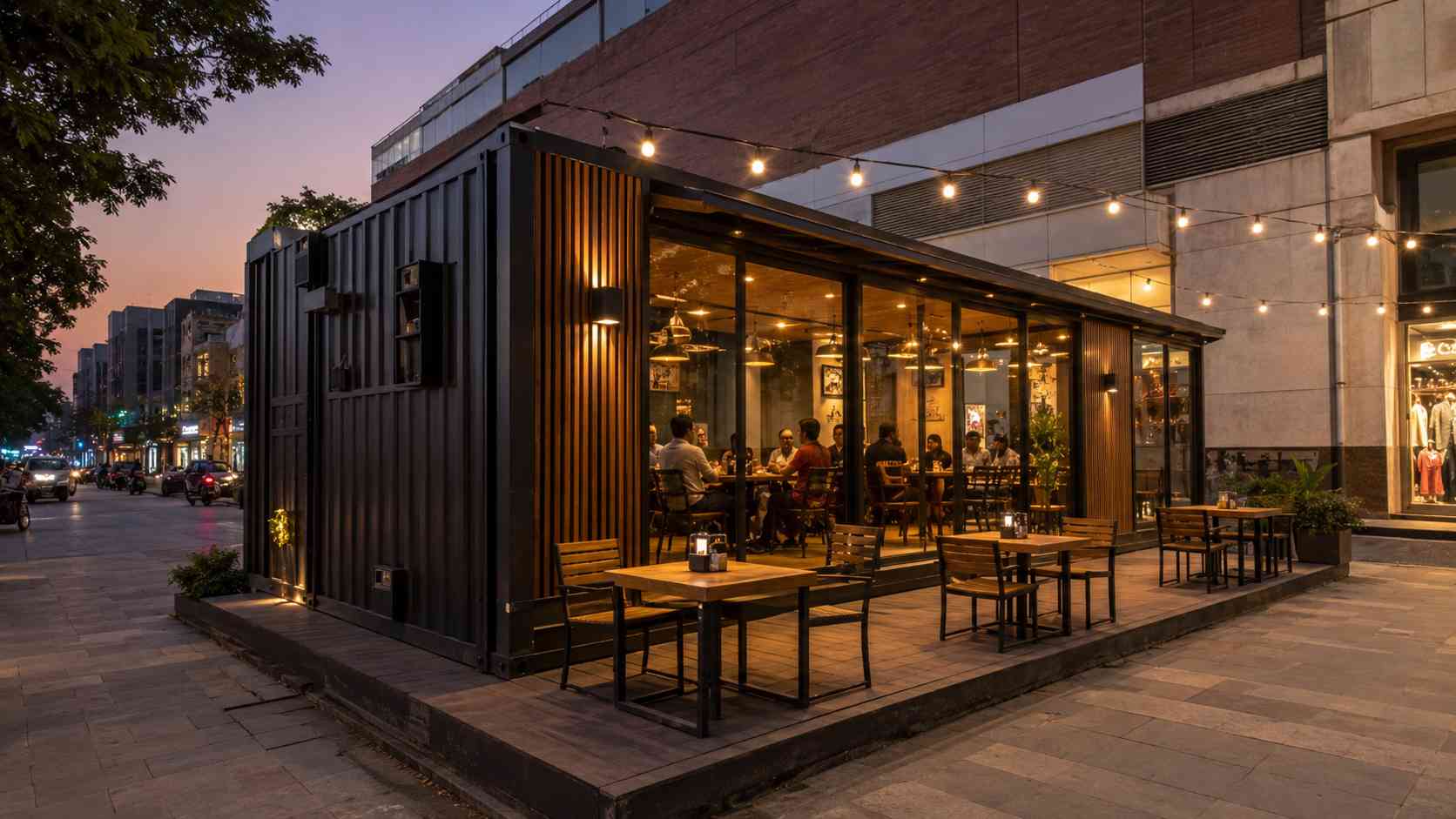 22×12 mobile restaurant container at an urban high-street flagship in evening trade — dark exterior, warm dining interior visible