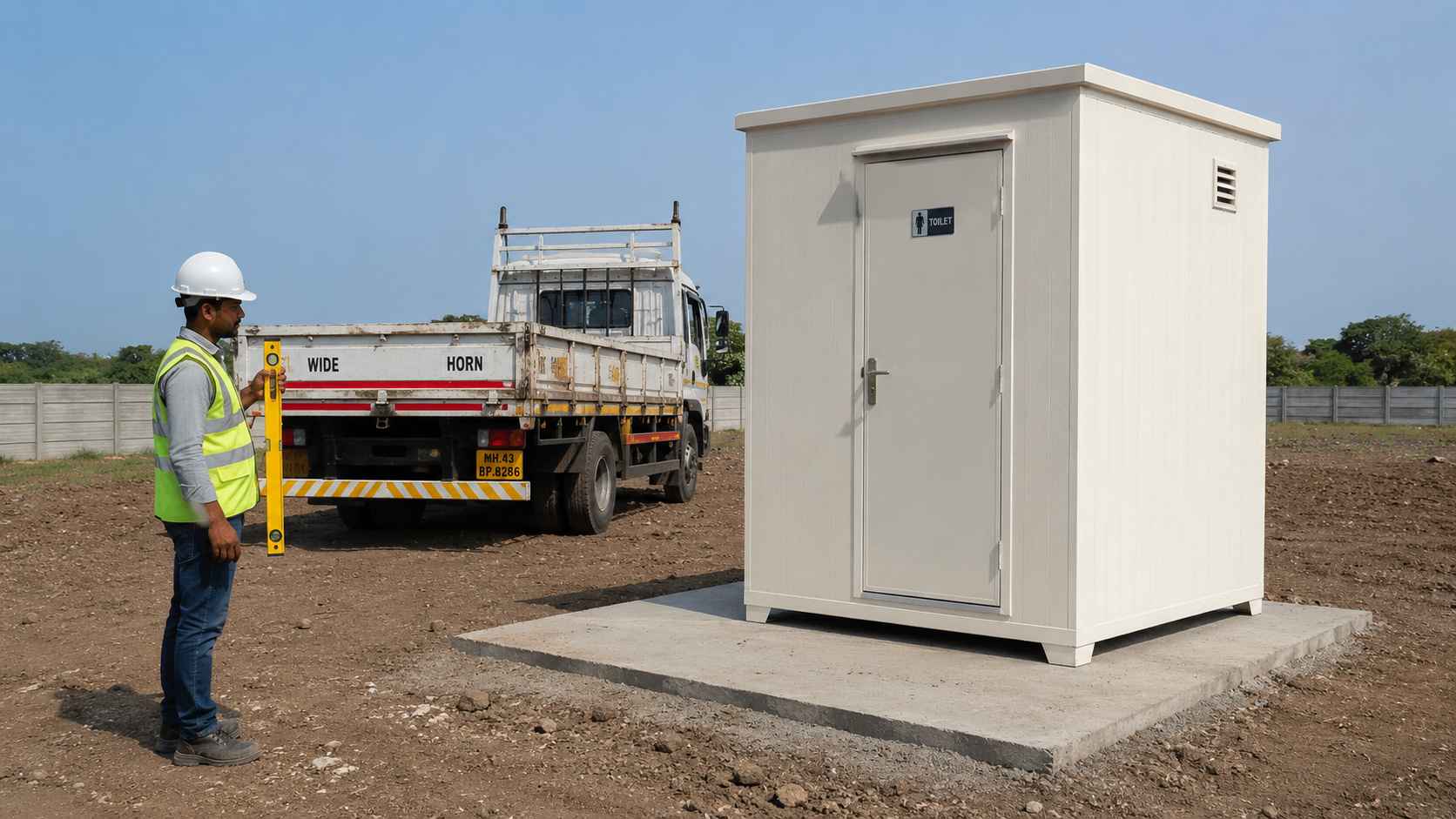White mobile toilet cabin off-loaded and being levelled on a prepared site after delivery.