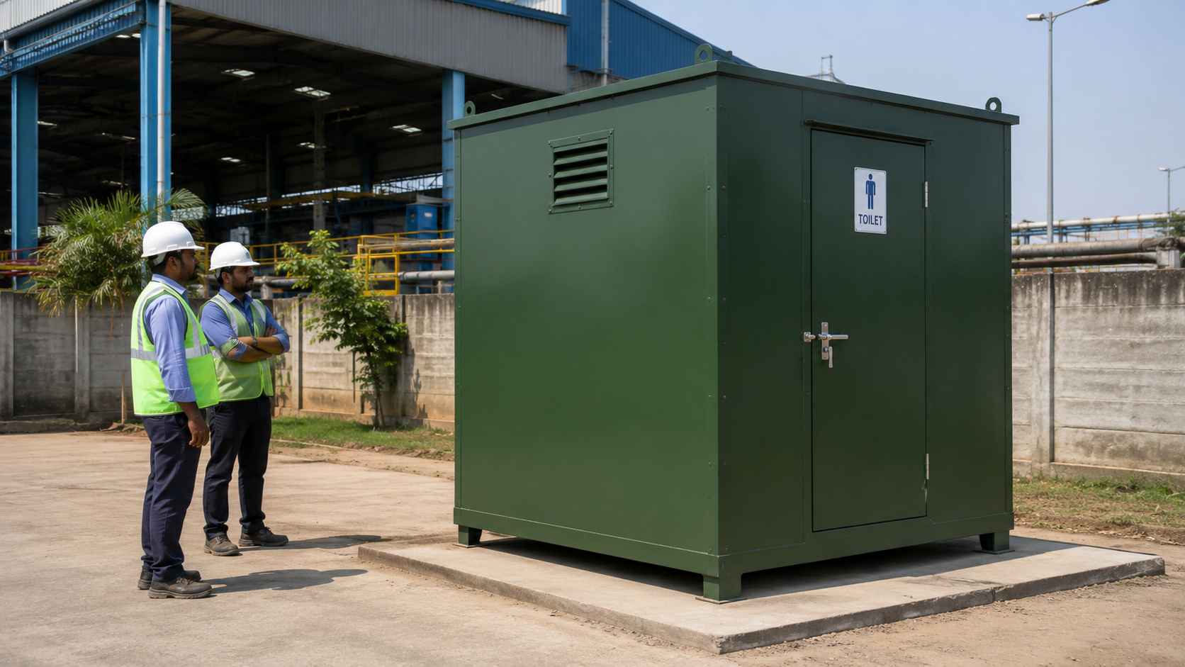 Forest green mobile toilet cabin installed at an Indian factory premises for worker sanitation.