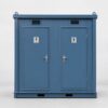 Steel blue mobile toilet cabin front view with two lockable cubicle doors and wall vents.