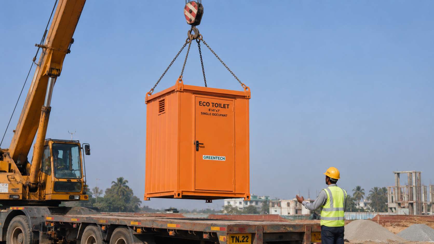 Safety orange mobile toilet lifted by crane from a flatbed truck at a project site