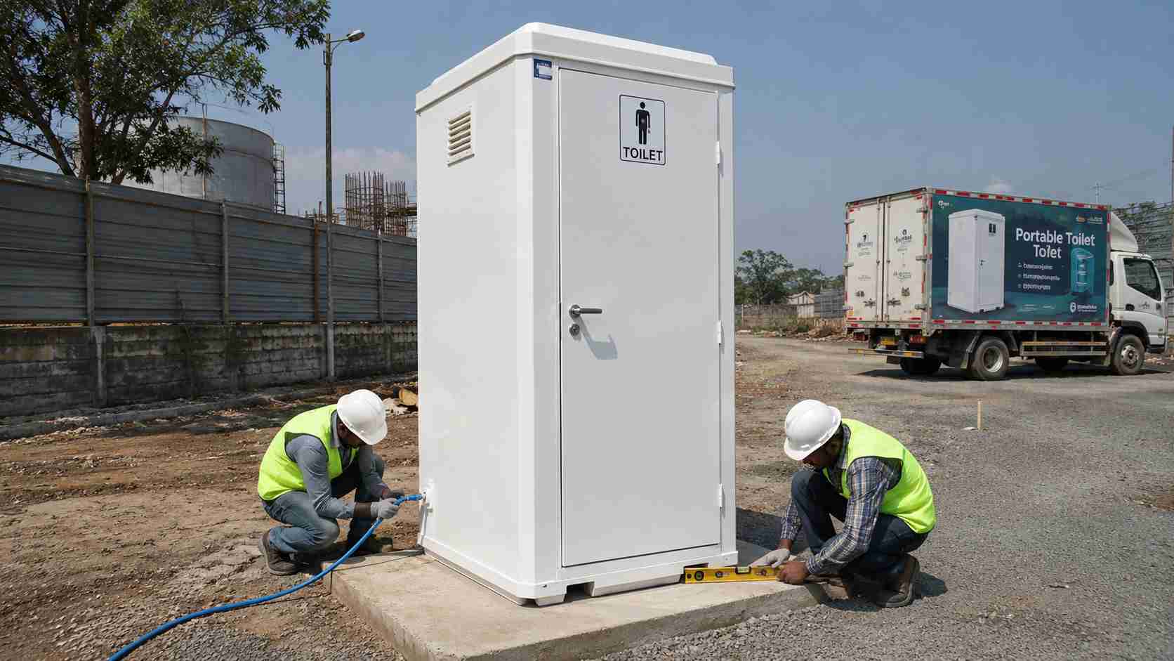White mobile toilet being levelled and water-connected by workers after delivery
