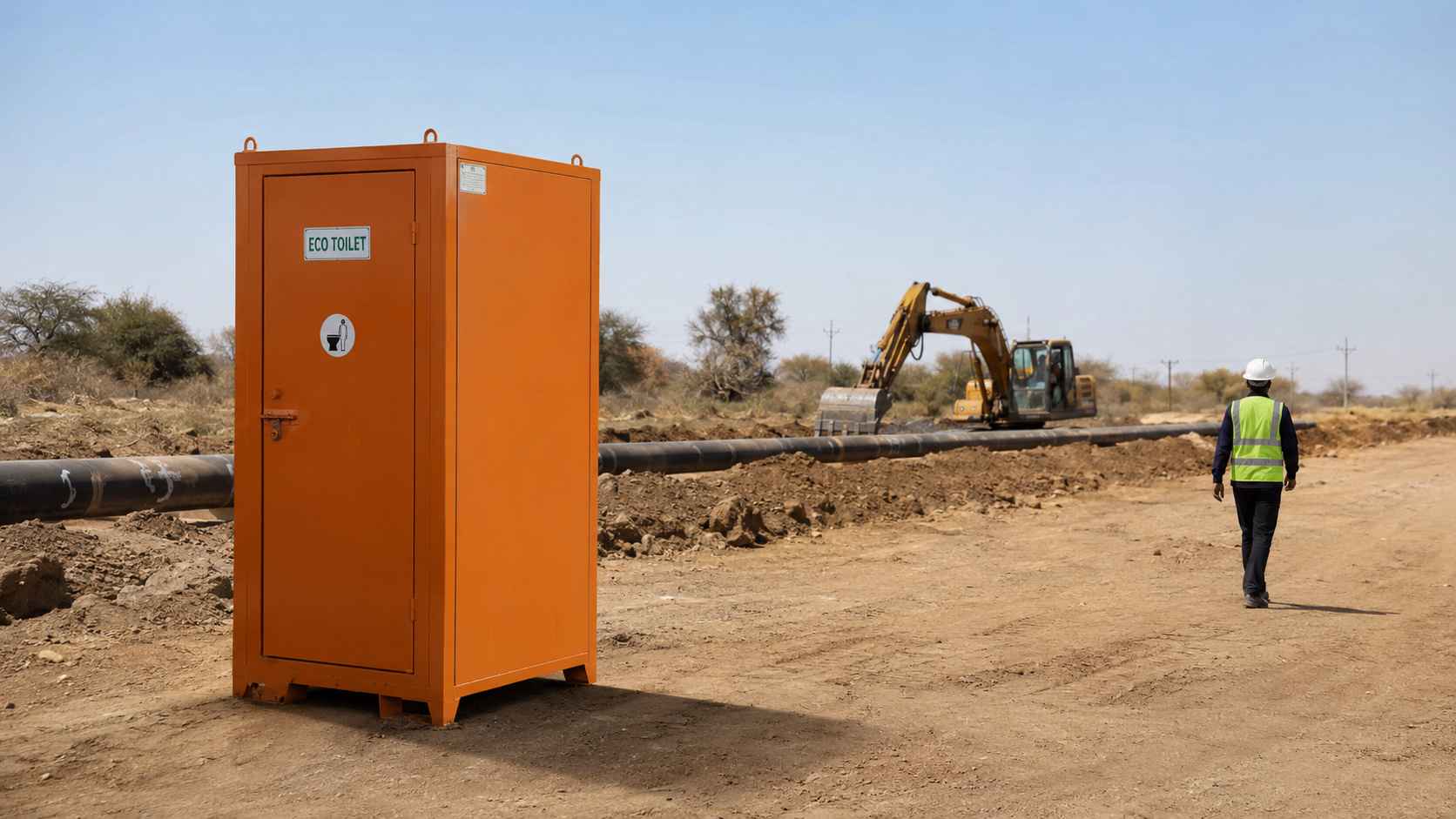 Orange mobile toilet in use at a remote pipeline construction corridor