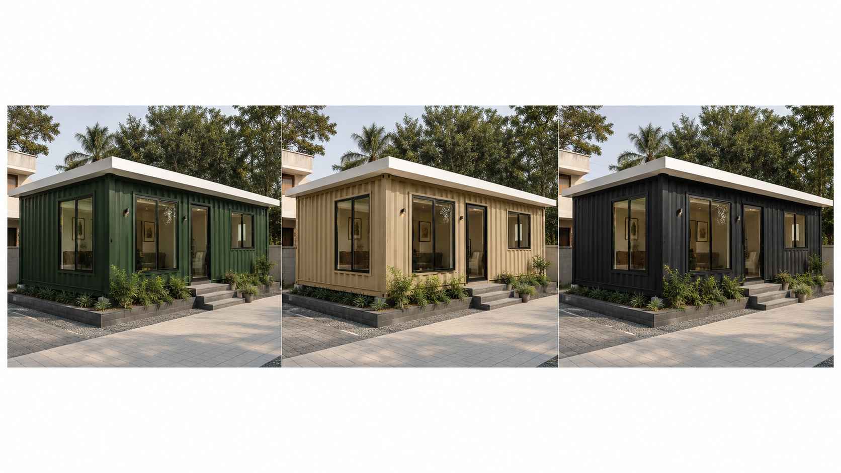 Modern container home shown in forest green, sandstone beige and graphite black exterior finish options.