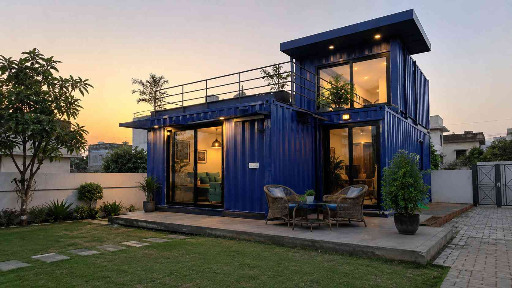 Royal cobalt blue modern container home with garden and patio on a contemporary residential plot.