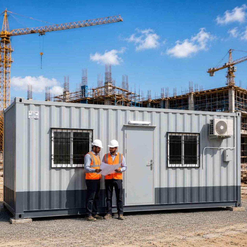 Modern ISO Site Office Container cabin with aluminium windows and AC unit at Indian construction project