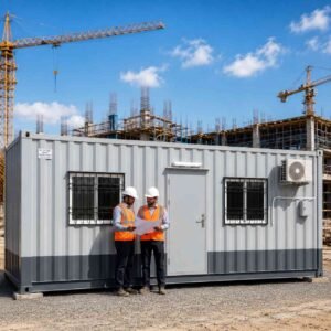 Modern ISO Site Office Container cabin with aluminium windows and AC unit at Indian construction project