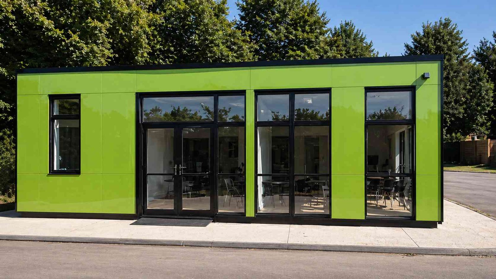 Lime green prefab building with glass doors and windows