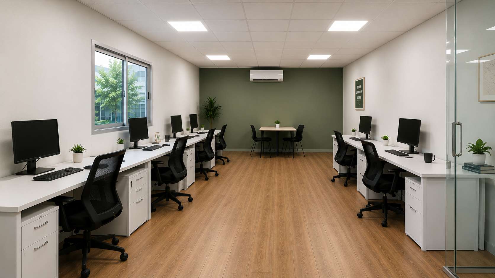 Open studio interior of a modern office cabin set up as a five-desk workspace