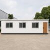 Side profile of a 35 by 10 ft modern office cabin in matte pure-white