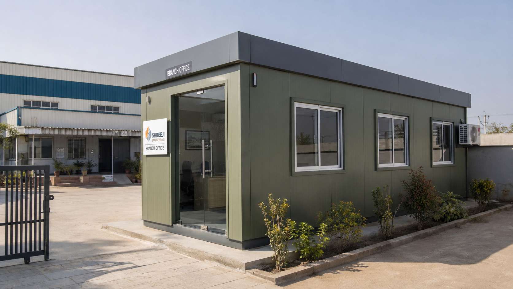 Modern office cabin used as a branch office inside an Indian SME business compound with sage finish