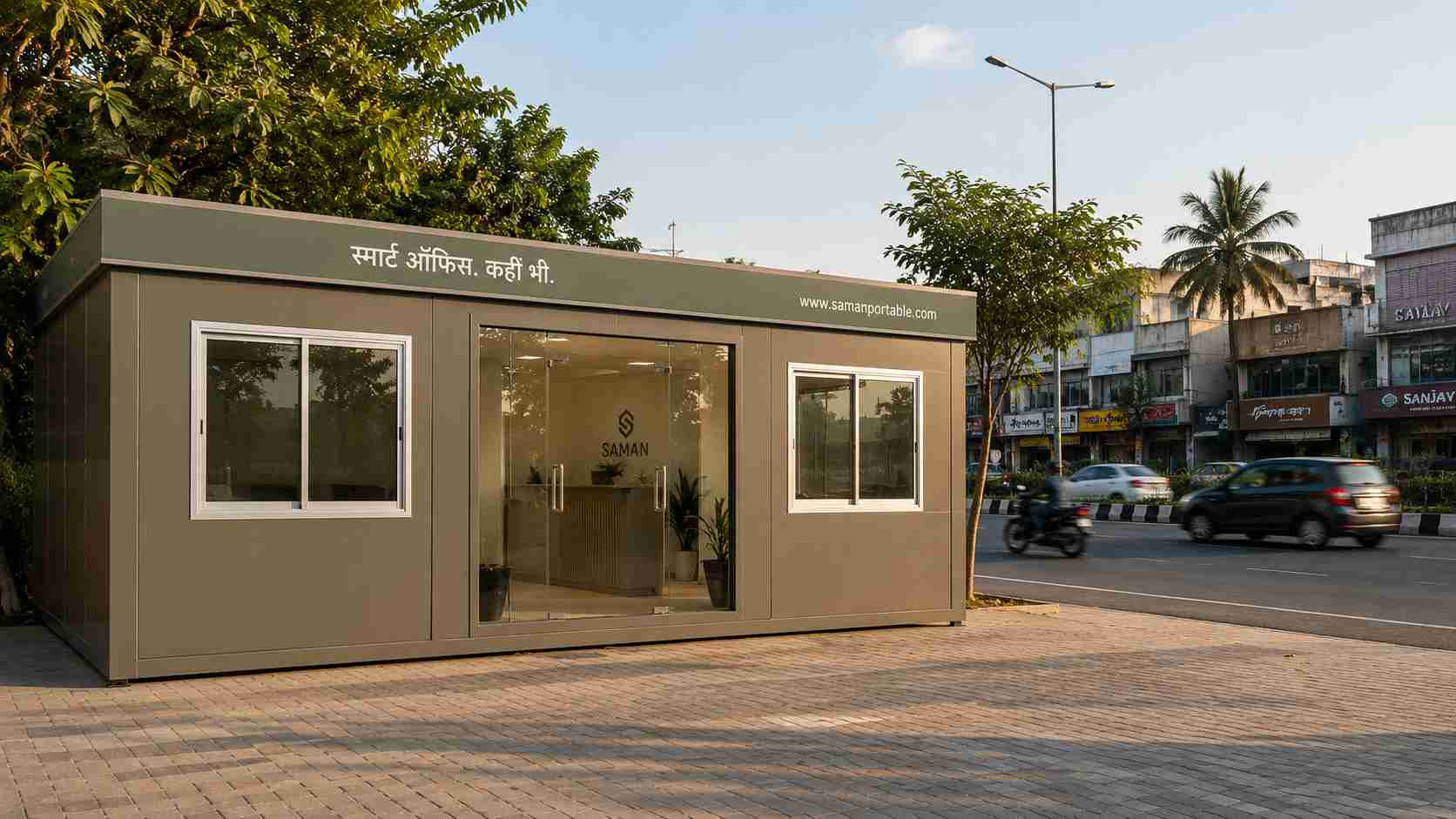 Modern office cabin used as a storefront outlet on a commercial road in matte warm-taupe finish