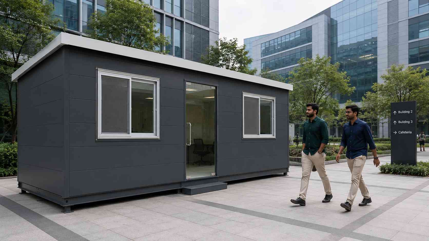 Modern office cabin installed in the courtyard of a Bangalore tech park