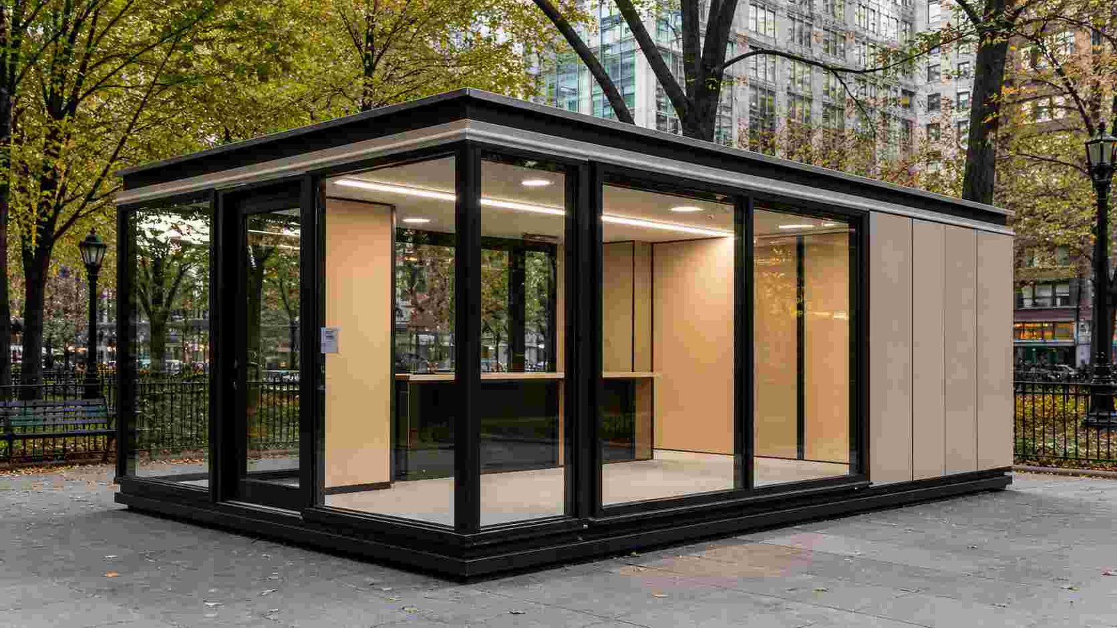 Modern glass porta cabin office with premium exterior finish in urban environment