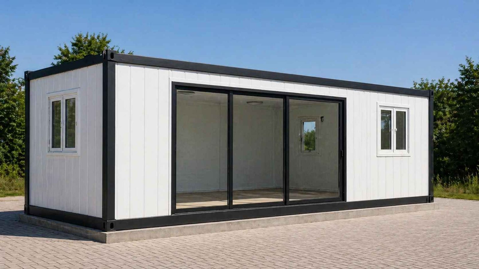 Prefabricated porta cabin with standard fitout and sliding glass door