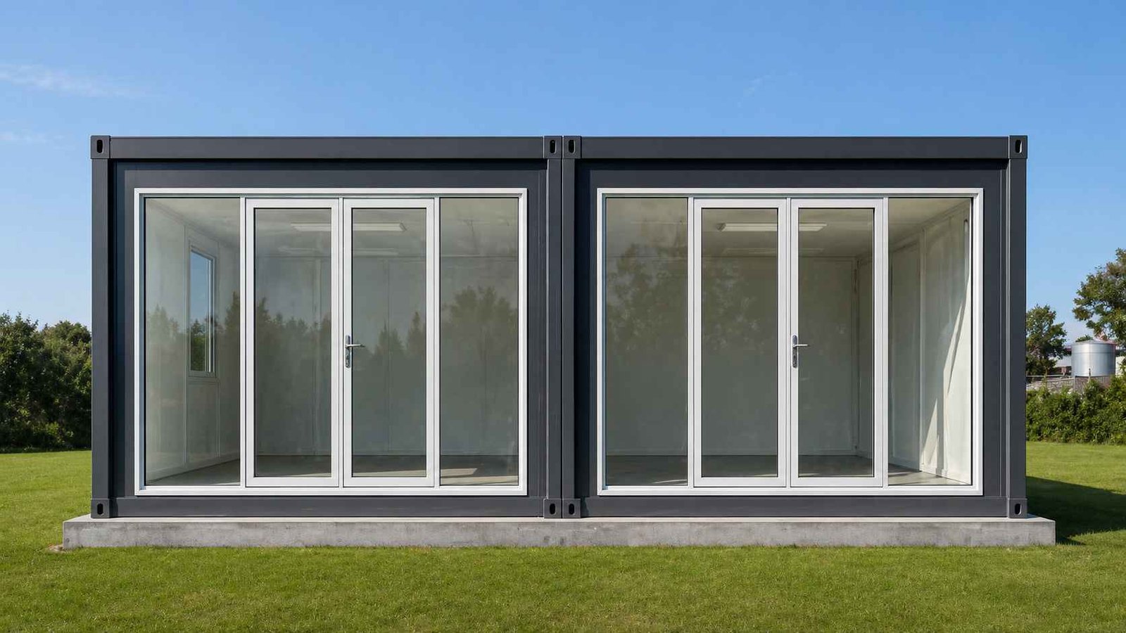 Premium portable office cabin with large glass facade and modern design