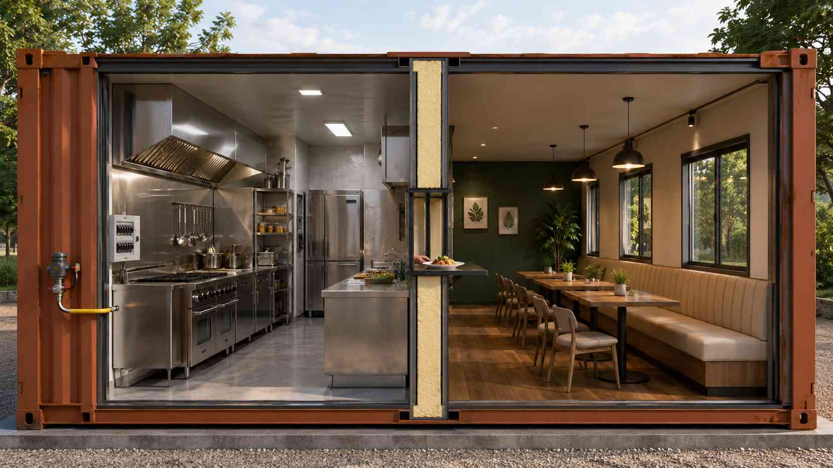 Kitchen unit and dining unit of a modular container cafe joined by an insulated dividing wall with central service window — SAMAN's standard two-unit cafe layout