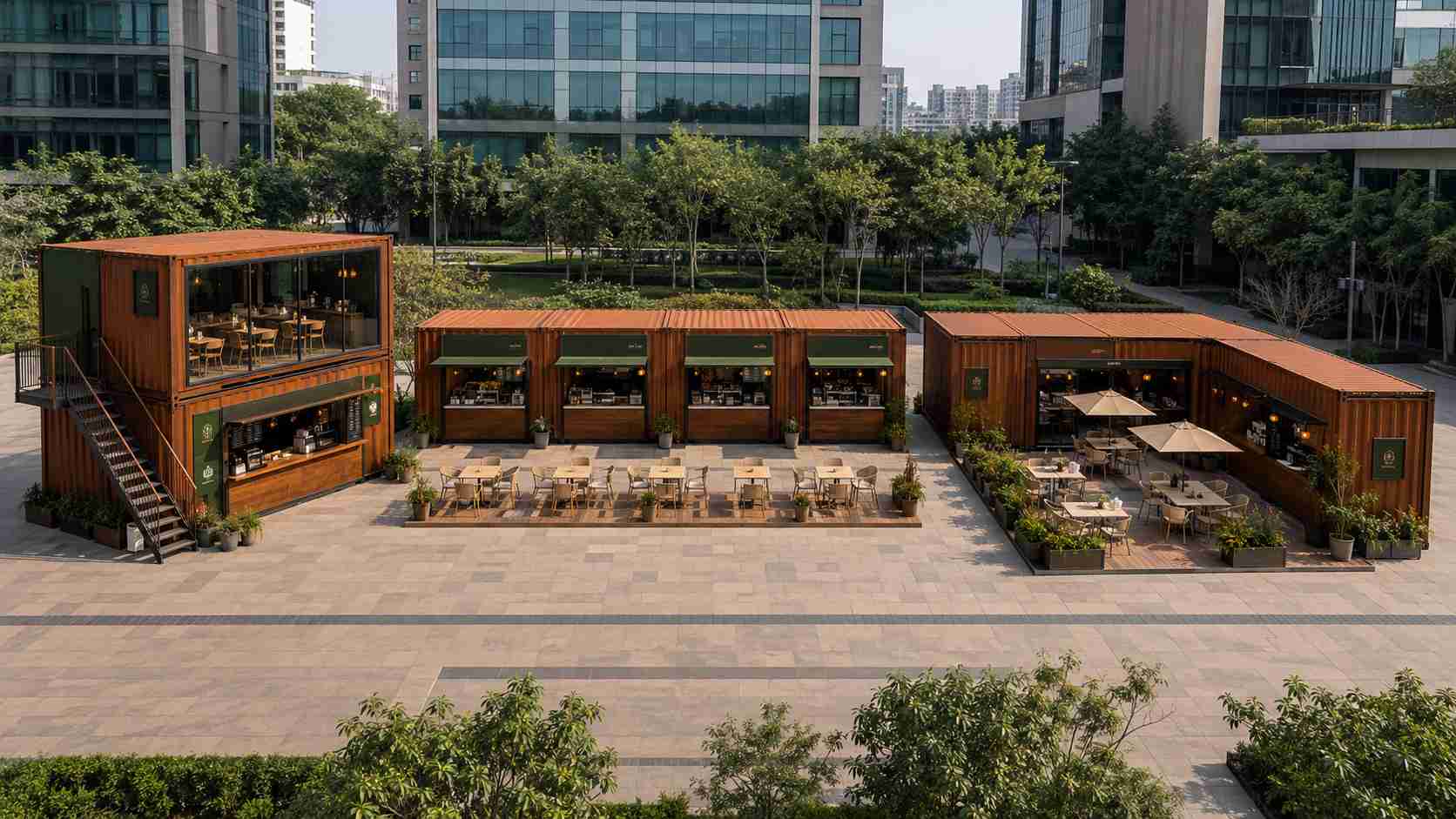 Three modular container cafe configurations compared — two-storey stacked, side-by-side multi-unit food court, and L-shape courtyard layout on a SAMAN install