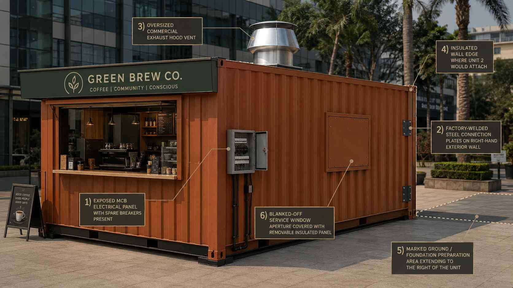 Single modular container cafe unit showing six expansion-ready engineered features — electrical panel, connection plates, exhaust capacity, insulation interface, foundation prep, and pre-cut service window framing