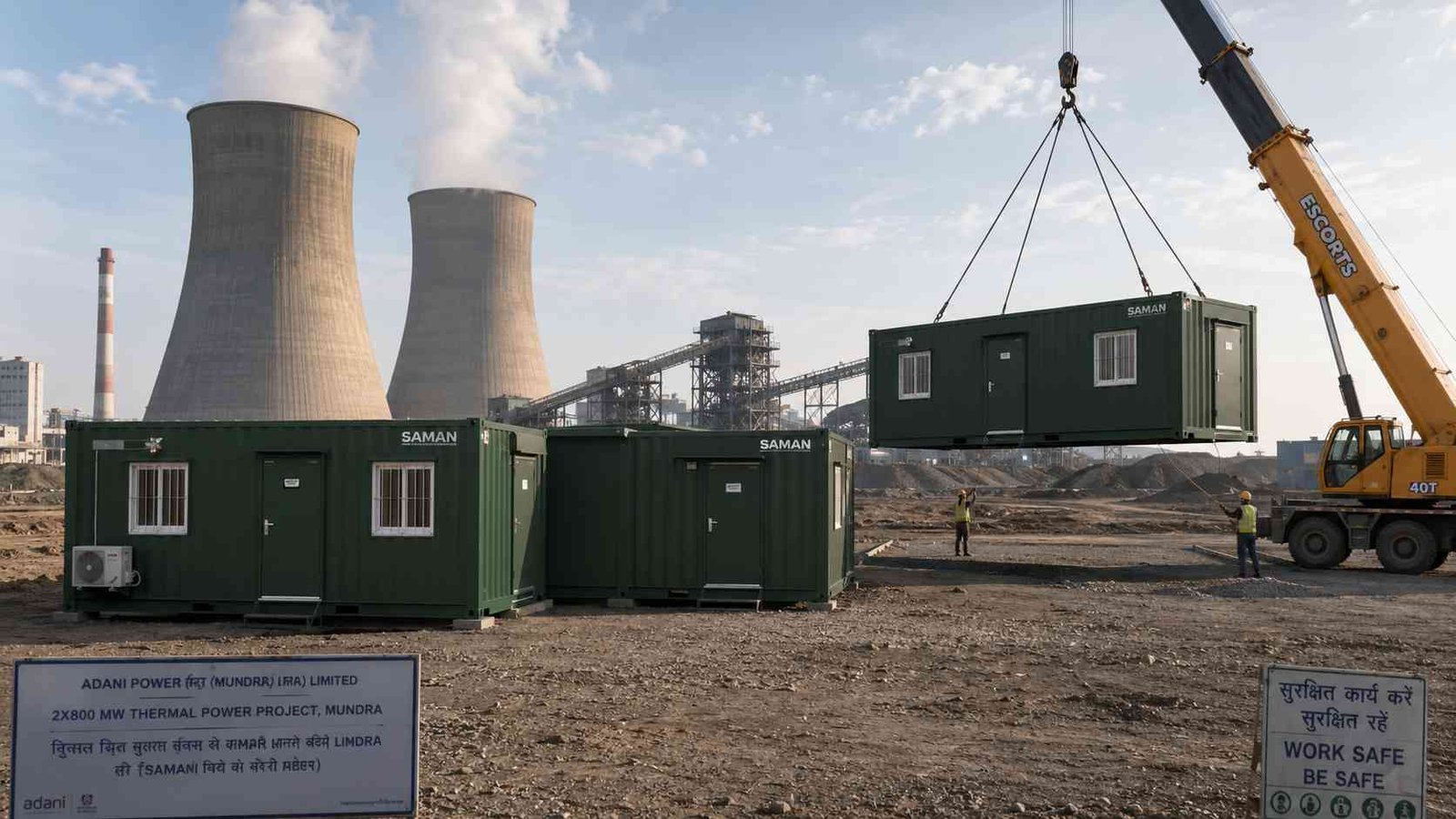 Forest Green SAMAN modular container office system at thermal power site with three units at different installation stages.