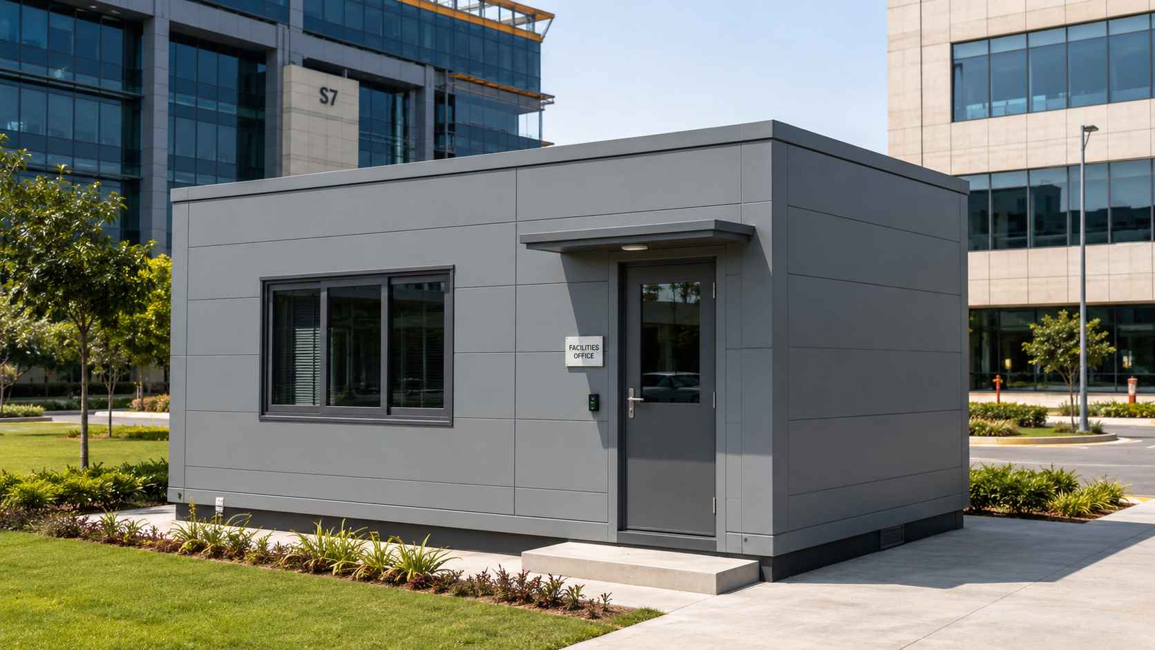 Steel Grey modular office building within a tech-park commercial campus in India.
