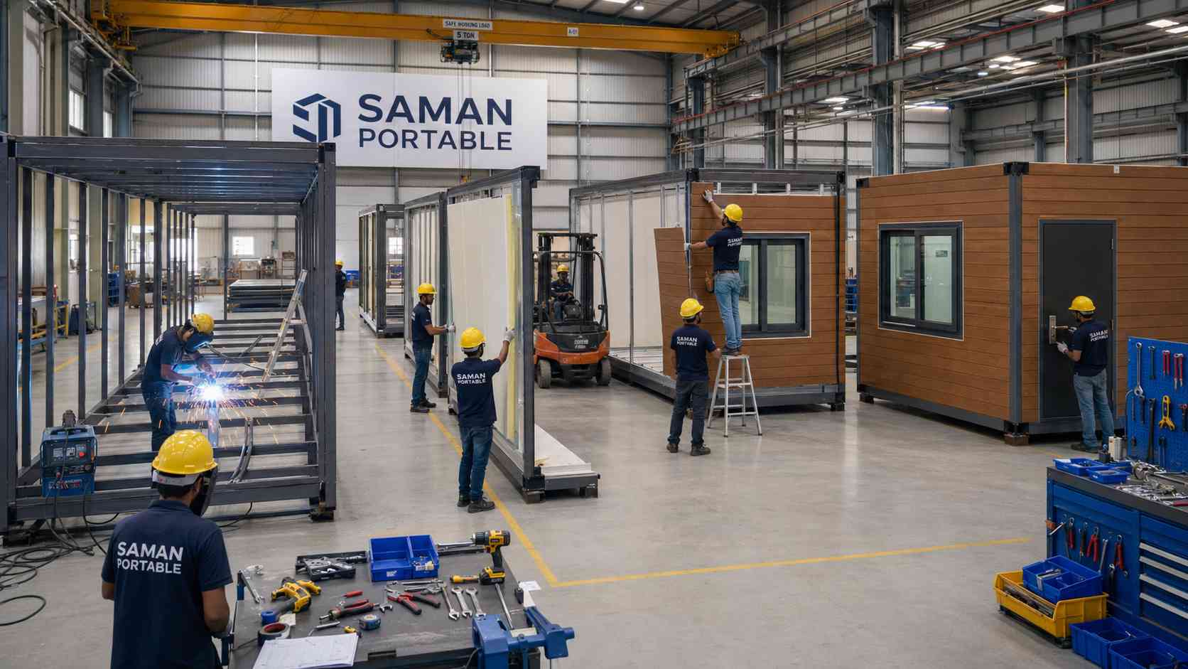 Four modular office cabin sections in parallel fabrication at SAMAN's Bangalore factory — frame welding, panel fitting, cladding, and window installation stages all visible.